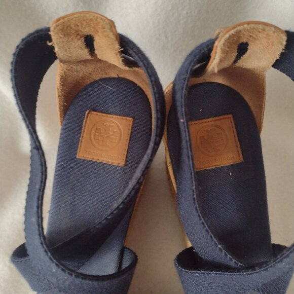 Tory Burch Natanya Wedge Espadrilles 9 Navy Blue Sandals w Elastic Ankle Straps - Picture 2 of 10